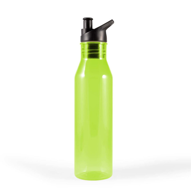 A drink bottle in a vibrant lime green color with a black flip-top spout and a sleek, transparent design.