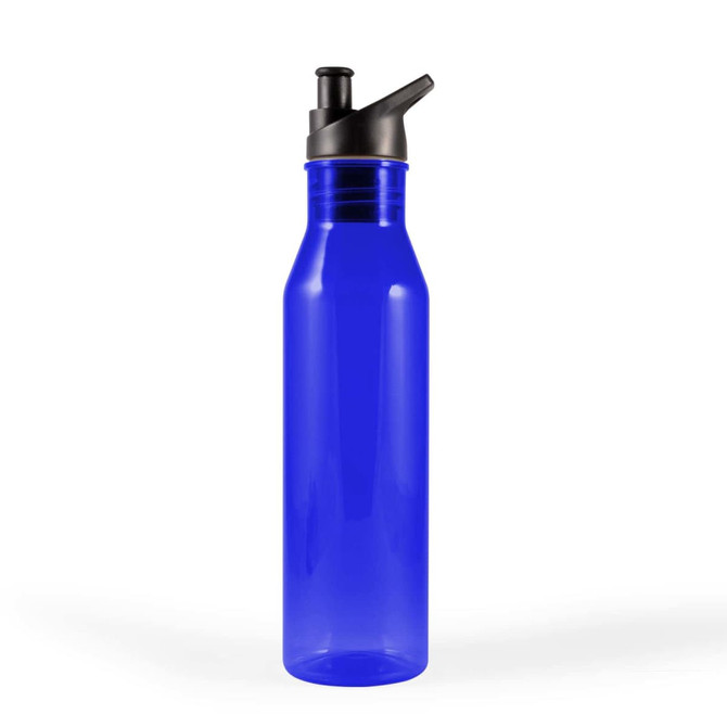 A drink bottle with a sleek design, featuring a vibrant blue body and a black lid with a spout for easy hydration.