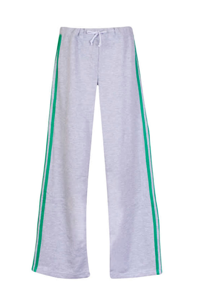Women's grey track pants with green stripes along the sides and a drawstring waist, featuring a logo.