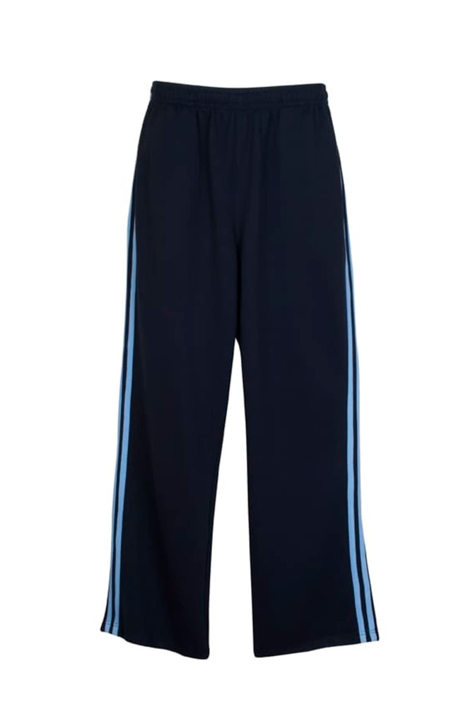 Mens striped track pants in navy with light blue stripes along the sides. Features an elastic waistband and a logo.