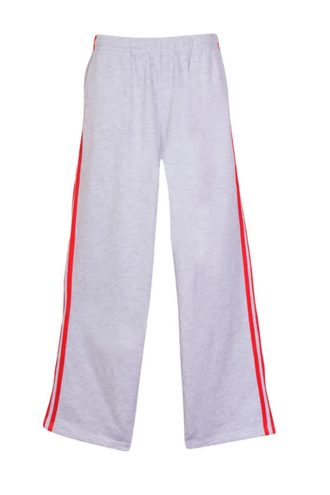 Light grey track pants with red stripes down the sides and an elasticated waistband. Includes a branding logo.