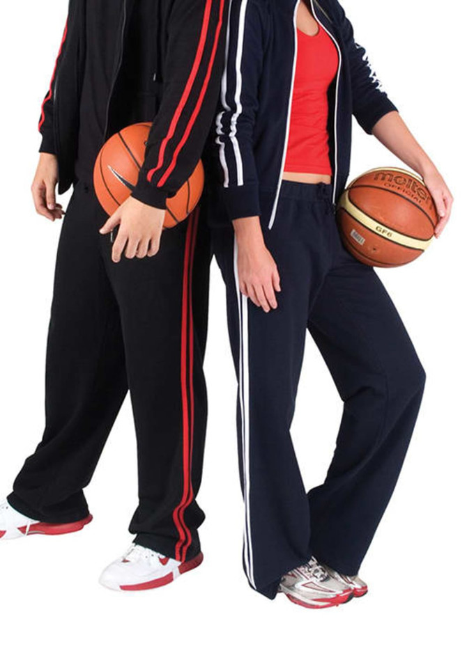 Men's striped track pants in black with red and white stripes, paired with athletic tops and holding basketballs.