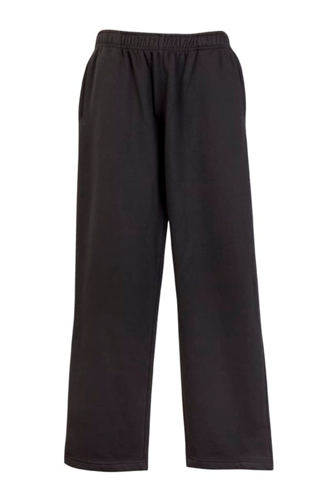 Men's fleece track pants in black, featuring an elastic waistband and side pockets. Includes branding on the garment.