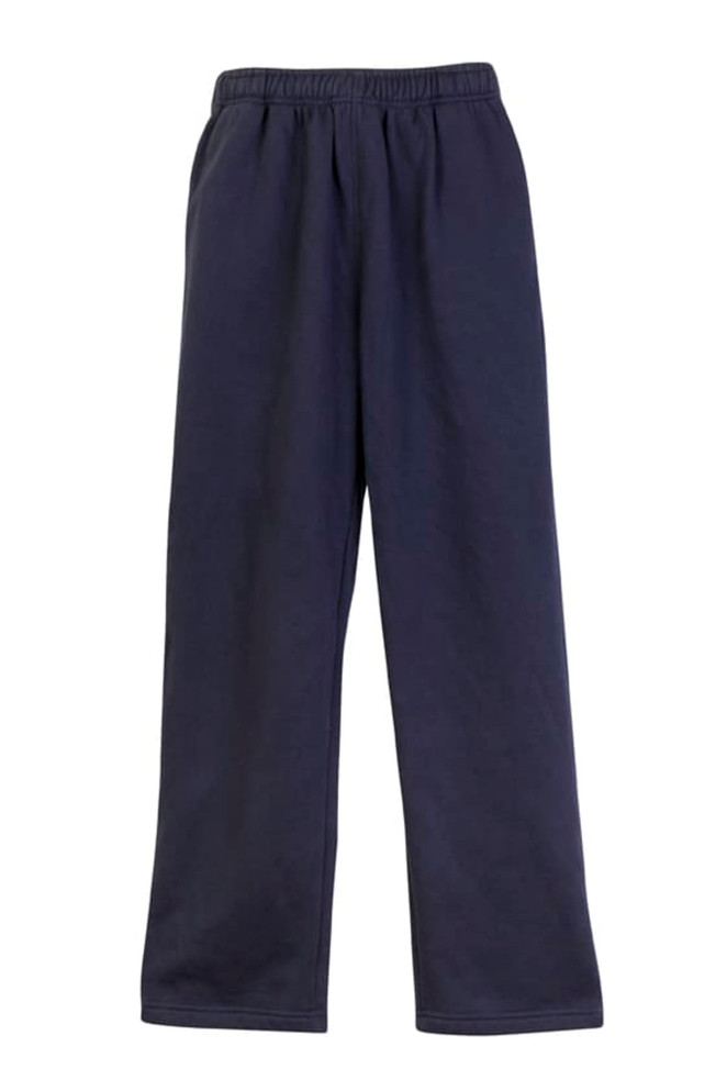 Navy fleece track pants with an elasticated waistband and a logo. Suitable for casual wear or exercise.