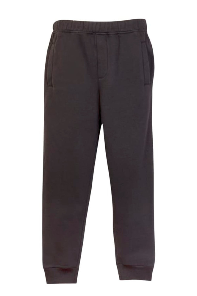 Dark grey track pants with an elastic waistband and side pockets, featuring a logo.