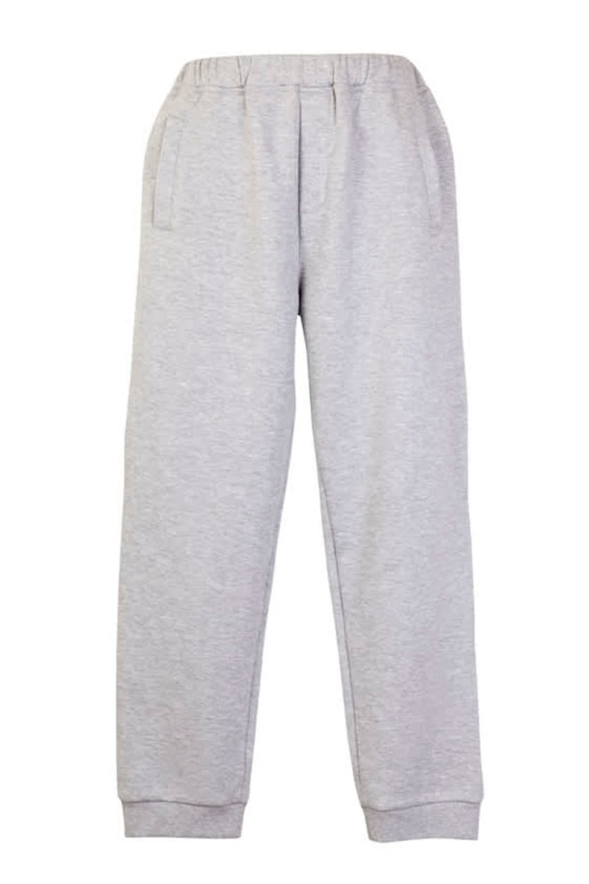 Grey junior track pants with an elastic waistband and side pockets, featuring a logo on the fabric.