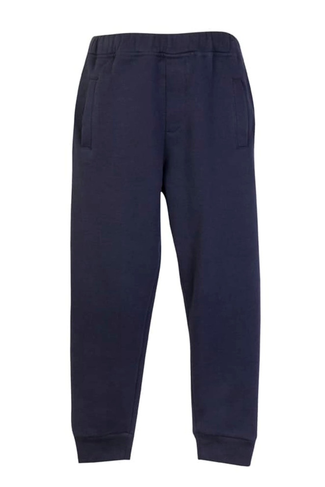 Navy junior track pants featuring an elastic waistband and side pockets, with a logo present on the design.