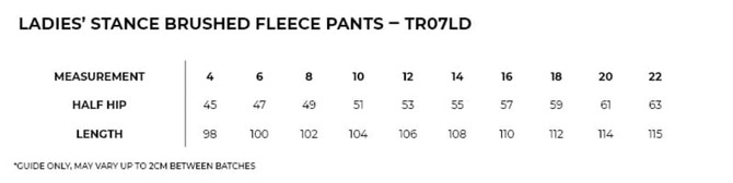 A size guide for women's STANCE brushed fleece pants, detailing measurements for various sizes in Australian units.