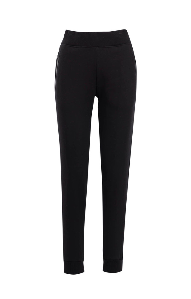 Black women's track pants made from brushed fleece, featuring a comfortable waistband and pockets. Includes branding.