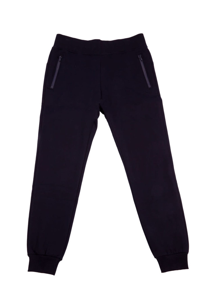 Brushed fleece track pants in black with zip pockets, featuring a fitted ankle design.