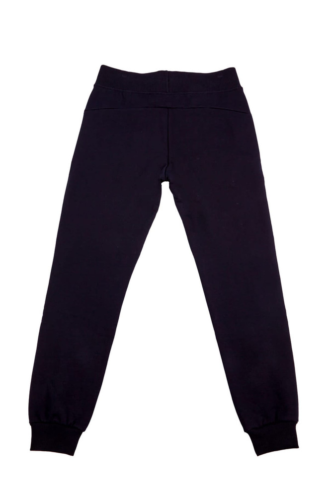 Brushed fleece track pants in dark navy with a ribbed waistband and cuffs, featuring a discreet logo.