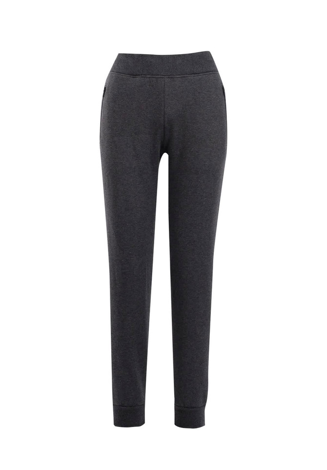 Brushed fleece track pants in dark grey with a fitted silhouette and side pockets. Features a branding logo.