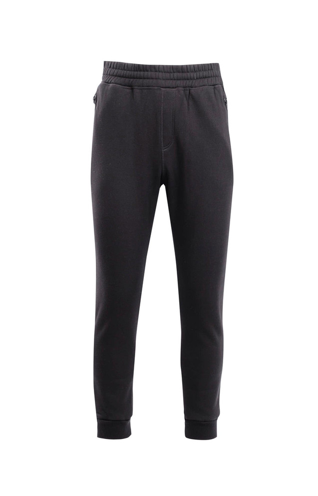 Black brushed fleece track pants with an elastic waistband and cuffs, featuring side pockets and a logo on the design.