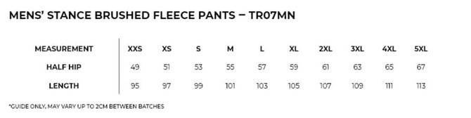 A size guide for men's STANCE brushed fleece pants, detailing measurements for different sizes from XXS to 5XL.