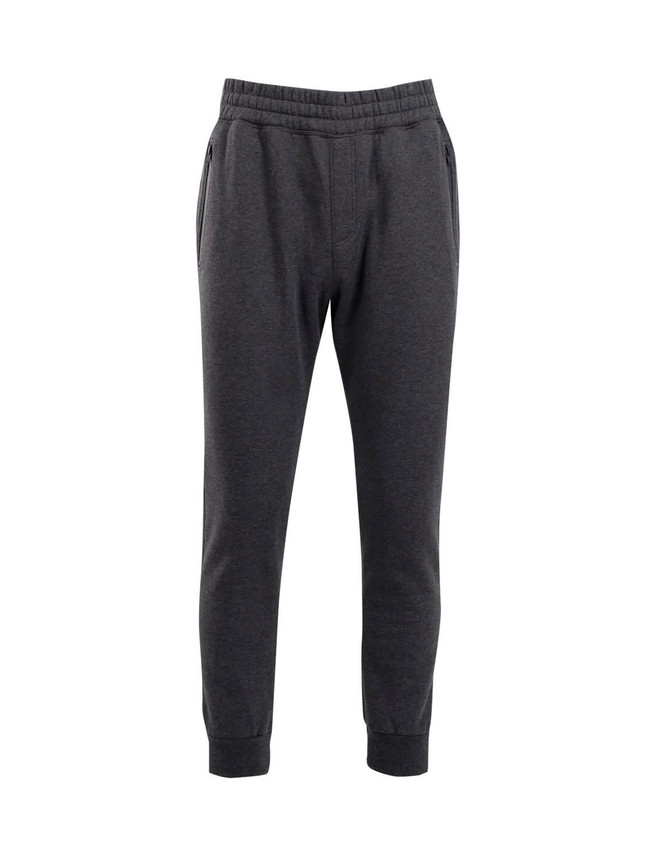 Brushed fleece track pants in dark grey with a relaxed fit, featuring pockets and elasticised waistband.