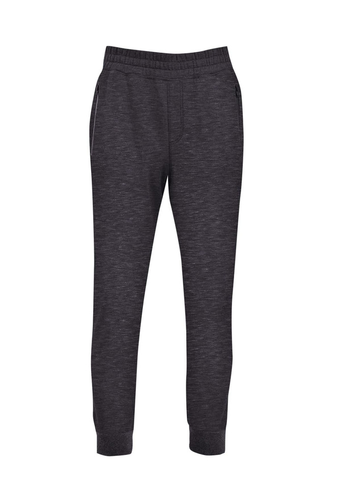Brushed fleece track pants in a dark grey colour, featuring an elastic waistband and side pockets.