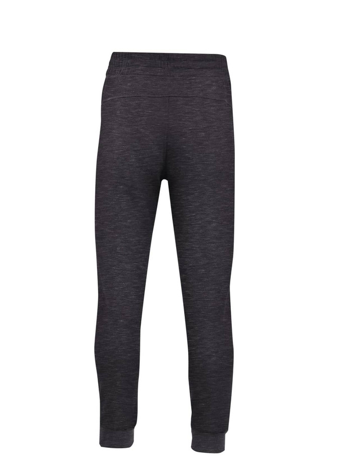 Men's track pants in a dark grey, brushed fleece material, featuring an elastic waistband and fitted cuffs. Has a logo.