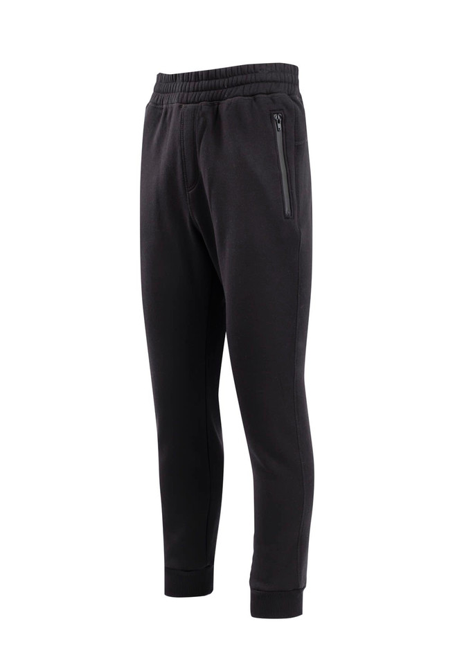 Men's STANCE brushed fleece track pants in black, featuring a slim fit and side zip pockets.