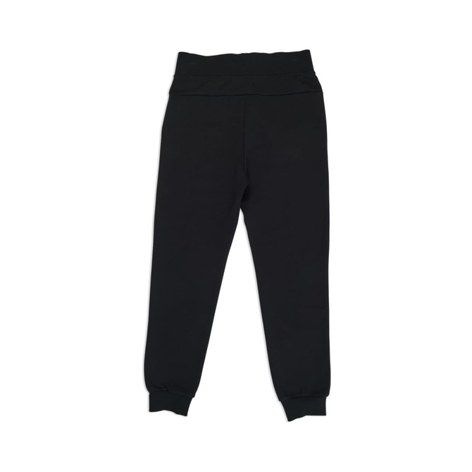 Black women's 3 layer cotton track pants with a fitted waistband and elasticised cuffs, featuring a logo.