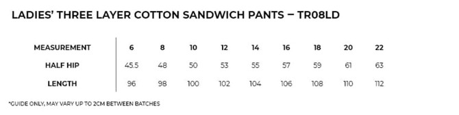 A size chart for women's three-layer cotton sandwich pants, displaying measurements for various sizes and lengths.