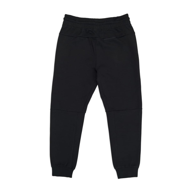Men's black three-layer cotton sandwich pants with an elastic waistband and fitted cuffs. Features a logo.