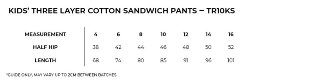 A size chart for kids' three-layer cotton sandwich pants, showing measurements for various sizes.