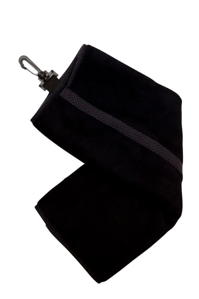 A black bamboo golf towel with a plastic hook and textured stripe detail. It features a logo without text.