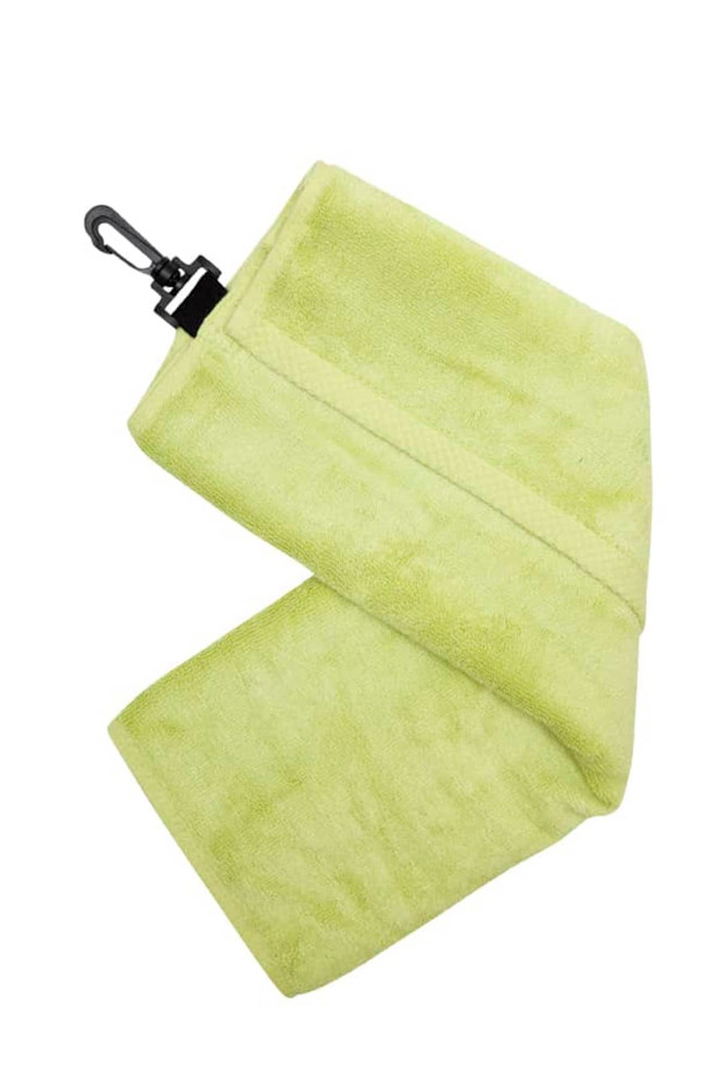A lime green bamboo golf towel featuring a plastic hook for attachment. It has a soft, textured surface.