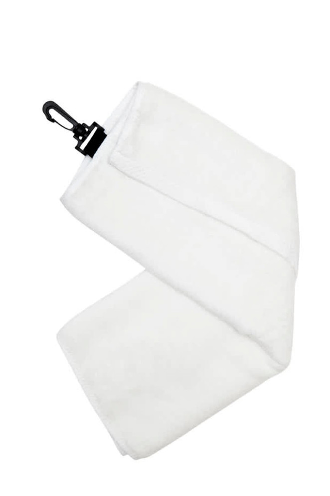 A white bamboo golf towel with a black plastic hook for easy attachment.