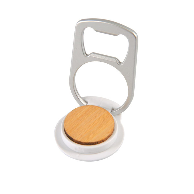 A drink bottle opener and phone stand featuring a silver metal opener and a round wooden base. It has a logo.