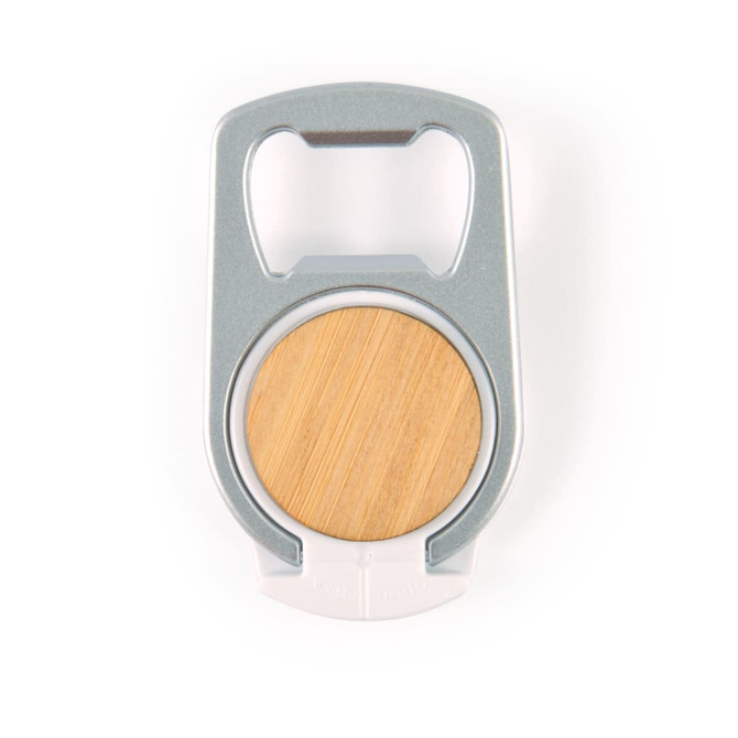 A drink bottle opener phone stand featuring a silver frame and a wooden base. Includes a logo on the design.