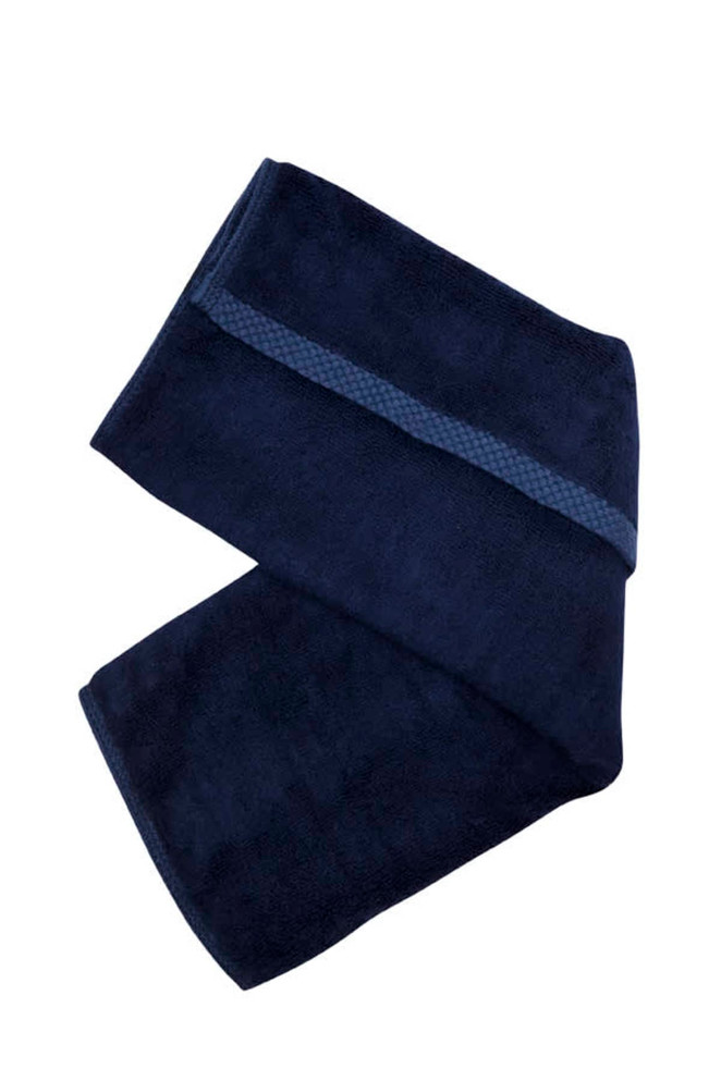 A navy bamboo hand towel with a textured stripe, folded neatly. Features a logo.