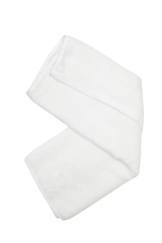 A white bamboo hand towel neatly folded, showcasing its soft texture and clean design. Features a branding logo.