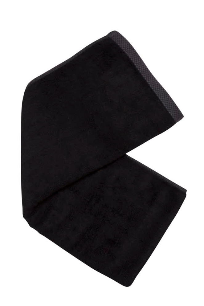 A black bamboo fitness towel with a textured border, featuring a logo on one side.