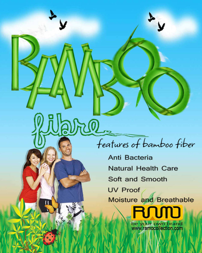 A promotional image featuring a bath towel made from bamboo fibre, with three people and green elements in the background.