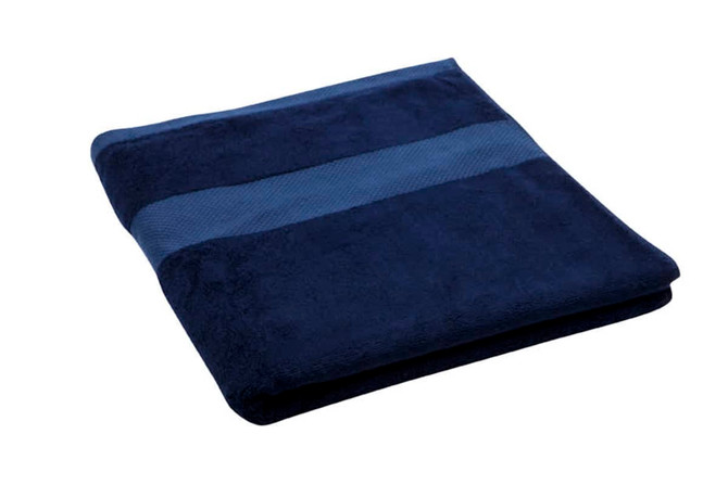 A folded navy bath towel with a textured stripe, featuring a logo.