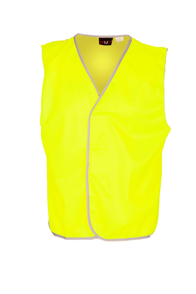 A bright yellow work vest made of 100% polyester, featuring a simple design without reflective tape.