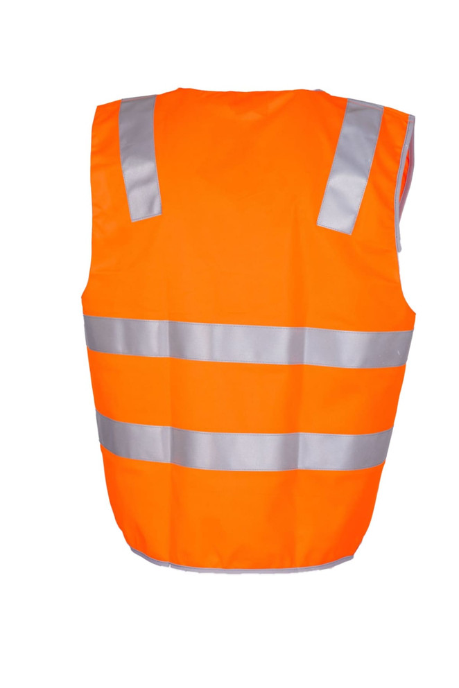 An orange work vest featuring 3M reflective tape and a logo, designed for high visibility.