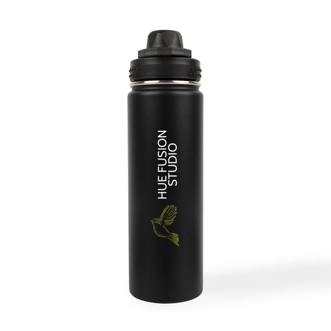 A drink bottle in matte black stainless steel with a logo and a screw-top lid.