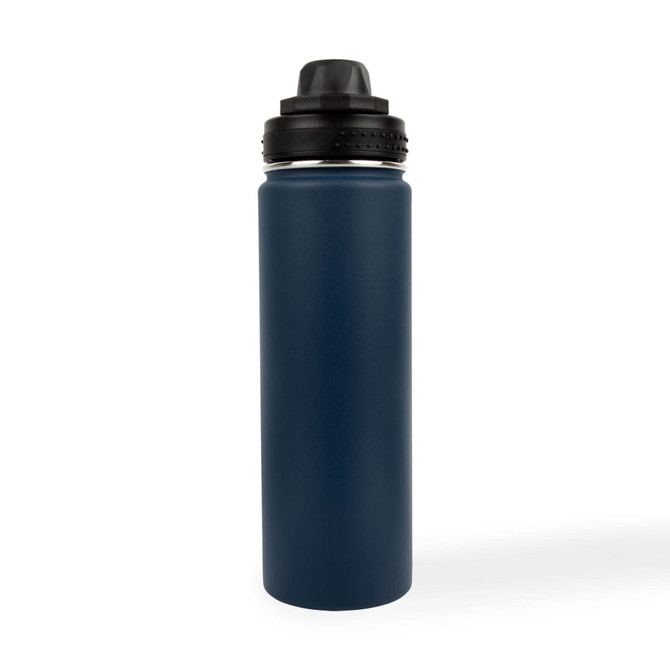 A drink bottle in dark blue stainless steel with a black screw-on lid and a black top. It features a logo.