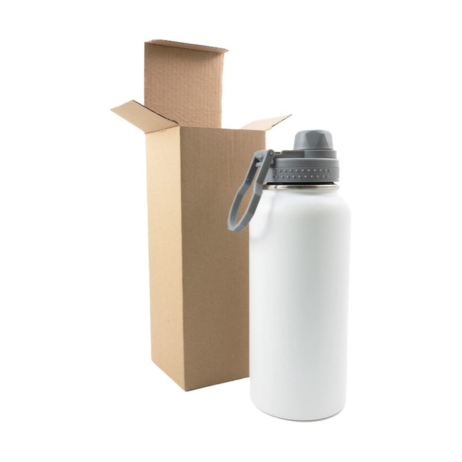 A drink bottle in white stainless steel with a gray lid, next to a cardboard box.