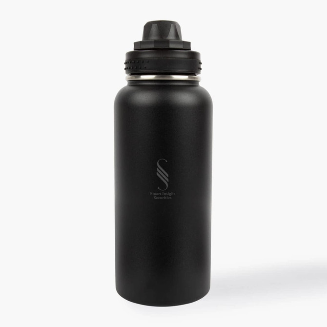 A drink bottle made of stainless steel, featuring a sleek black finish and a twist-on cap with a logo.