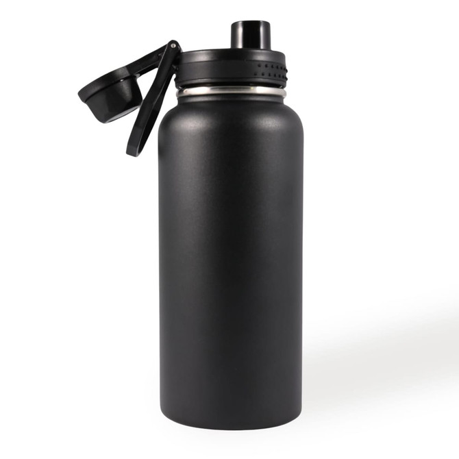 A drink bottle with a matte black finish, featuring a screw-on lid and a straw cap, includes a logo.