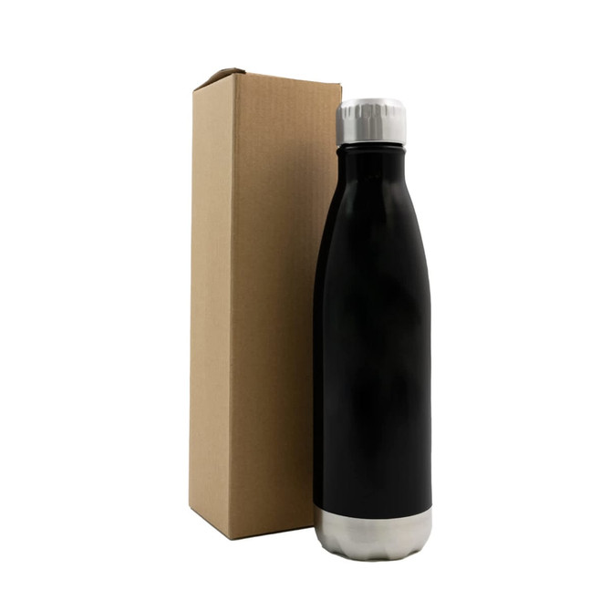 A drink bottle made of stainless steel in black, accompanied by a cardboard box. The bottle features a silver base and cap.