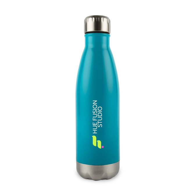 A drink bottle in bright turquoise with a stainless steel base and a logo on its surface.