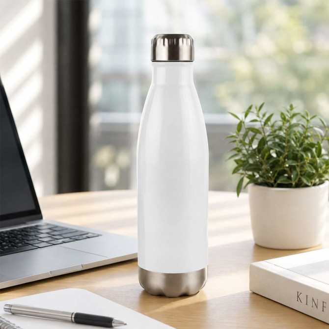 A drink bottle features a sleek white design with a stainless steel bottom and a silver lid, placed on a wooden table.