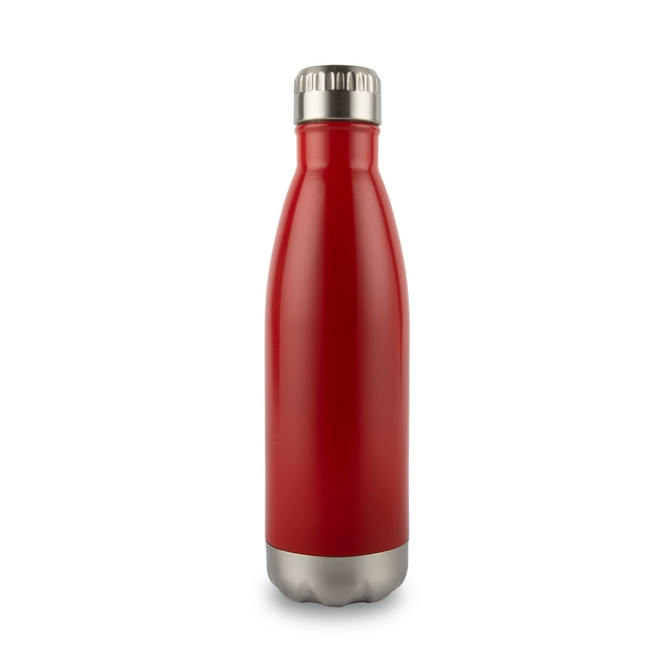 A drink bottle in a vibrant red colour with a stainless steel base and a silver cap, featuring a logo.