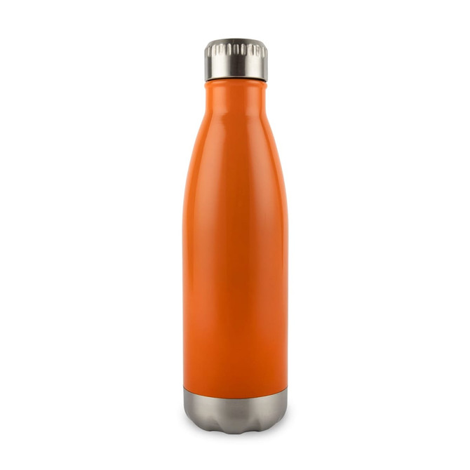 A drink bottle in a vibrant orange color with a stainless steel base and a screw-on cap.