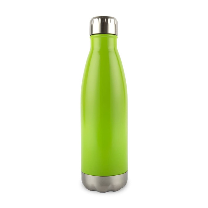 A drink bottle with a sleek, green design and a stainless steel bottom.