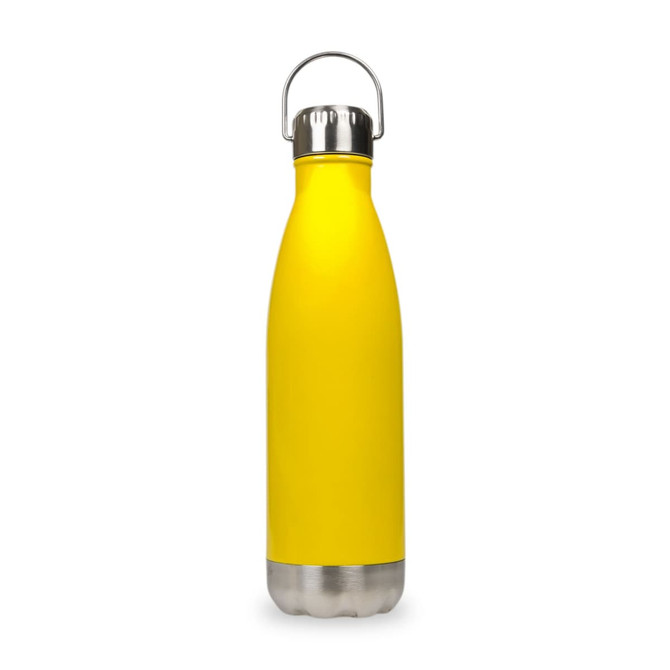 A drink bottle with a bright yellow exterior and a stainless steel bottom, featuring a hanger lid.